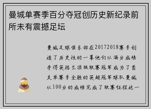 曼城单赛季百分夺冠创历史新纪录前所未有震撼足坛